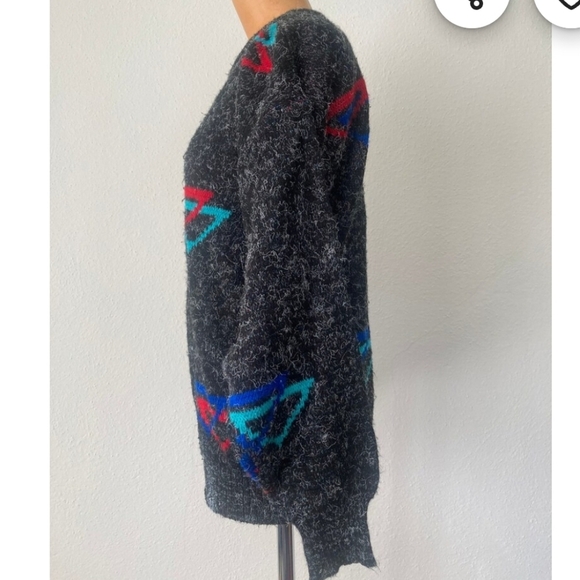 Vintage 1980s black Fuzzy with Triangles crewneck acrylic Sweater Medium - Picture 2 of 7